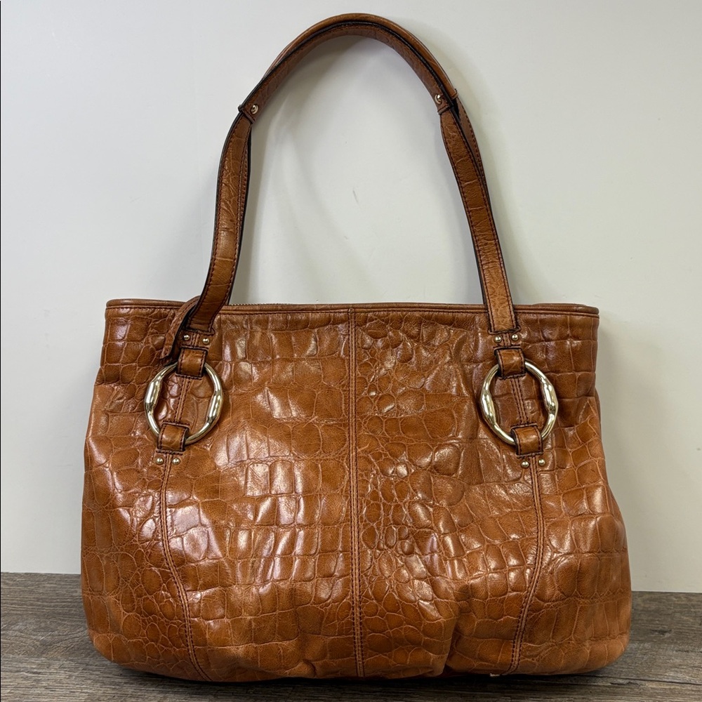 B. Makowsky Genuine Leather Croc-Embossed Tote Bag in Cognac